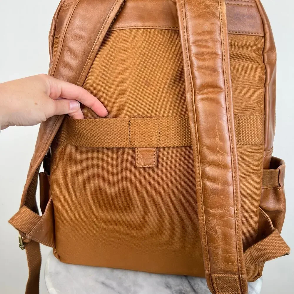 Genuine Leather Laptop Travel Backpack with Trolley Strap for Suitcase